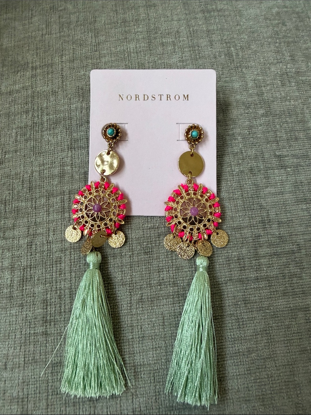 Nordstrom Mint Tassel Earrings with Pink and Gold Accents